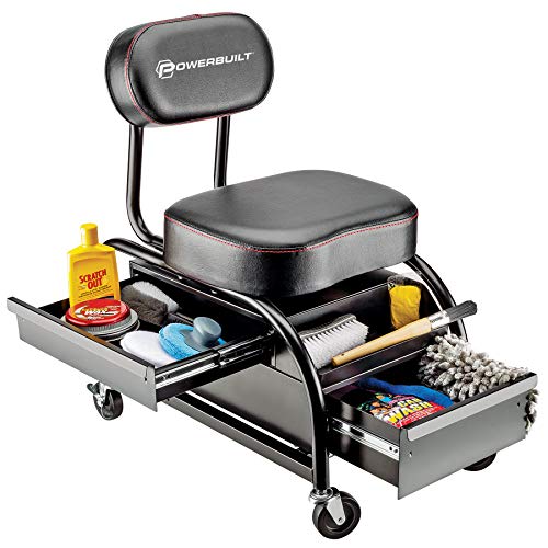 Powerbuilt Professional Car Detailers Mechanics Roller Seat, Heavy Duty Garage Stool with Thick Padded Seat and Backrest, 2 Sliding Storage Drawers, Tool Tray, Can Holders, 3in. Swivel Casters–240299 - size: 2 Sliding Storage Drawers
