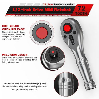 1/2-Inch Drive Stubby Ratchet, 13.5cm Ratchet Handle, 72-Tooth Quick-release Ratchet Wrench, Full Polished, for Auto Repair, Mechanical Repair - size: 1/2" Mini