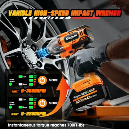 Cordless Impact Wrench 700 FT-LBS(950N.m) 1/2 Impact Gun High Torque Electric Impact Driver Cordless Impact Wrench with 21V 2x4.0Ah Battery 6 Sockets&Case for Home Car Tire Lug Nut Removal Tool