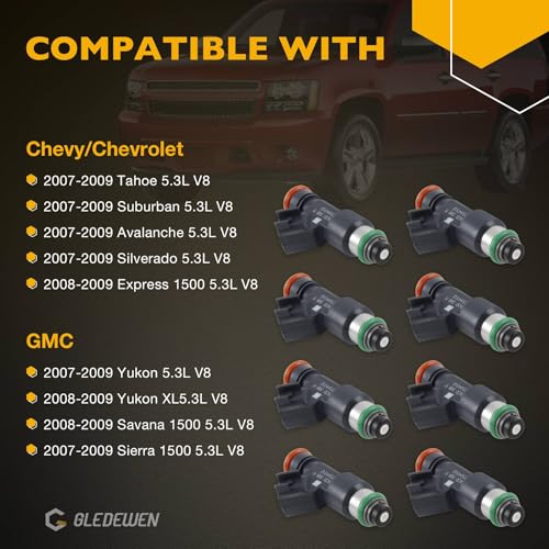 FJ977 Fuel Injector Set 8Pcs 4Holes, Compatible with 2007-2009 Chevrolet GMC Tahoe Suburban Avalanche Silverado Express 1500 Yukon Savana 1500 Sierra 1500 5.3L V8 Engine, Replace# 217-2436