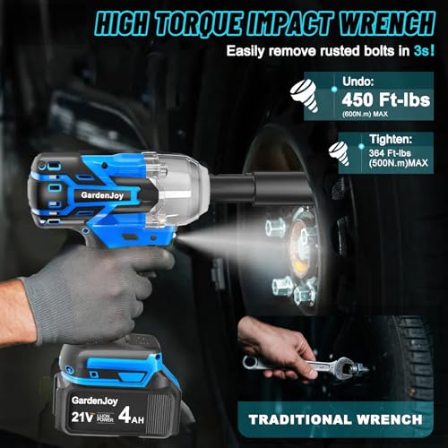 GardenJoy Cordless Impact Wrench, 1/2" 450Ft-lbs, 4.0Ah Battery & 4 Sockets
