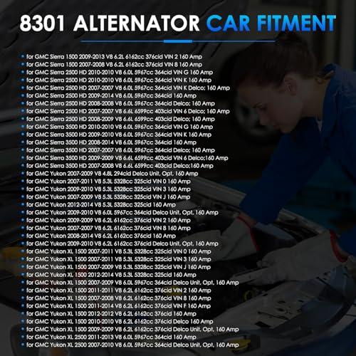8301 Car Alternators Fit for GMC Yukon Sierra, for Chevy Tahoe Suburban Silverado 1500/2500 Avalanche, for Cadillac Escalade Automotive Replacement Alternator 15093928 15905871 ADR0369 - size: #8301 Alternator