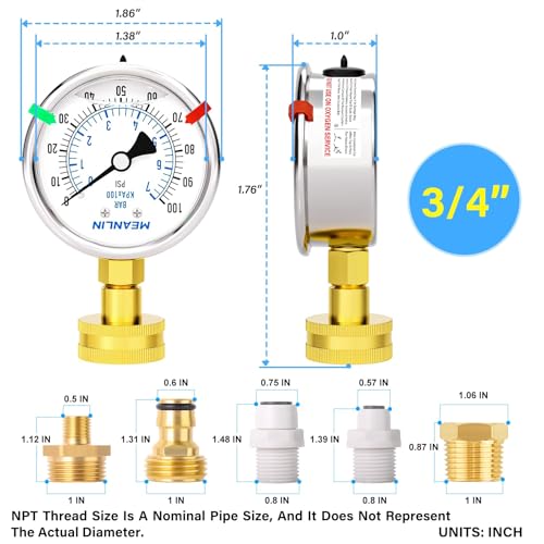 MEANLIN MEASURE 0~100Psi Liquid Filled Pressure Gauge kit Plus 5 adapters Stainless Steel Frame 3/4" Female, 2.5" FACE DIAL Multi-Purpose Pressure Gauge kit, Suitable for Gardens, Water Pipes, etc - size: 0-100Psi (With Fittings)