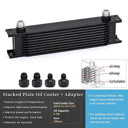 10 Row 10AN Transmission Oil Cooler Stacked Plate with 6AN 8AN Adapter Universal Aluminium Alloy Engine Oil Cooler Black - size: 10row
