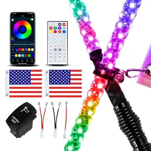 2 Pack 2FT Whip Lights with Spring Base, LED Whip Light with App & Remote Control, Spiral RGB Chasing Lighted Whips with Rocker Switch, Music Whip Light for UTV ATV - size: 2FT