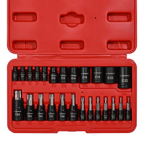 CASOMAN 25 Piece Torx Bit Socket and External Socket Set, 13 Star Socket Bits (T8- T60)& 12 Female E-Torx Sockets (E4-E22) - size: 25-Piece (T8-T60 & E4-E22)