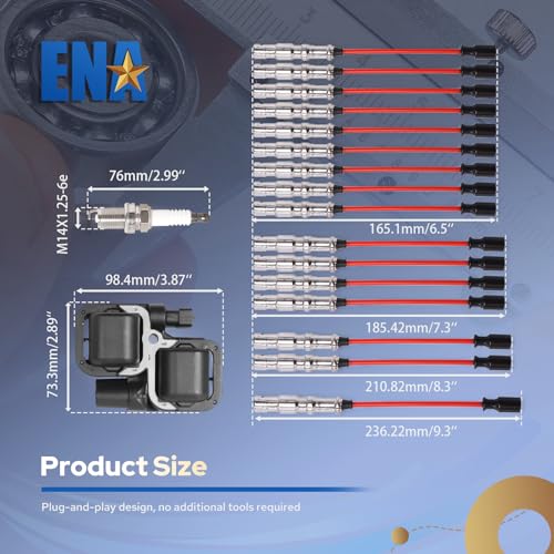 ENA Set of 8 Ignition Coil with 16 Iridium Spark Plug and Red Wire Set Compatible with Mercedes-Benz C43 CL500 CLK430 CLK500 E430 E500 E55 AMG ML430 ML500 S430 S500 SL500 4.3L 5.0L