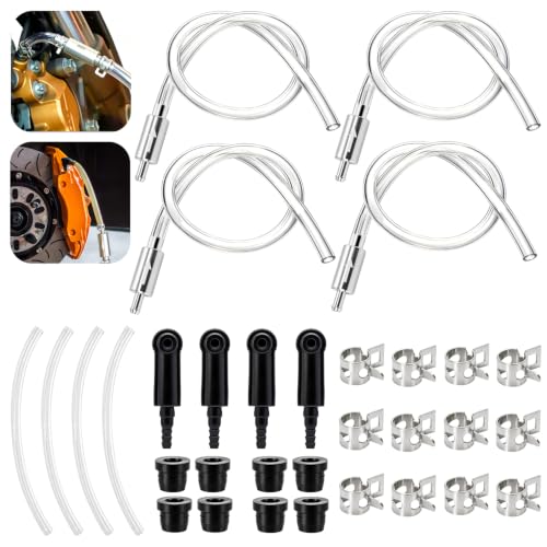 4 Pack Brake Bleeder Hose Kit with One Way Check Valve, Universal Brake Fluid Bleeder Tube with Black Adapter and Metal Clips, Brake Bleeding Tool for Car Motorcycle ATV Hydraulic Brake and Clutch