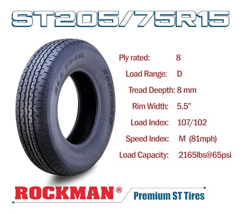 ROCKMAN Trailer Tire Wheel ST205/75R15 8-Ply D 107M 5X4.5 Black Mod Rim Pk2 - size: ST205/75R15 8PR /5x4.5