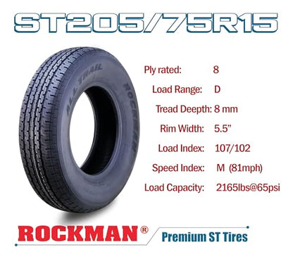 ROCKMAN Trailer Tire Wheel ST205/75R15 8-Ply D 107M 5X4.5 Black Mod Rim Pk2 - size: ST205/75R15 8PR /5x4.5