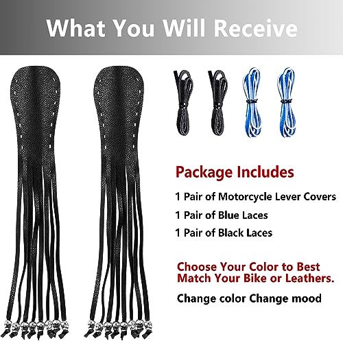2 PCS Faux Leather Motorcycle Lever Covers With Fringes and Skulls - Brake Clutch Grip Tassels Handlebar Handle Wraps - color: Black & Blue Laces*1 & Black Laces*1