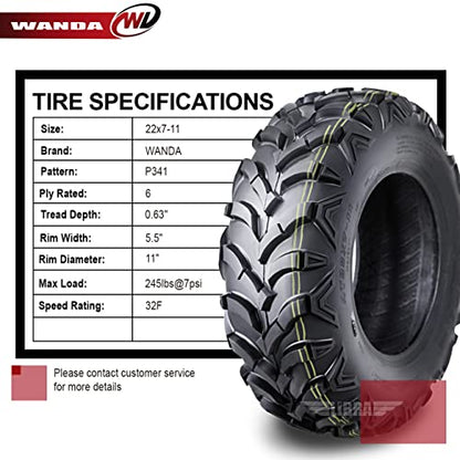 WANDA ATV Tire 22x7-11 Solid Lug Mud for Honda Recon 250 Suzuki Ozark 250 - size: 22x7-11