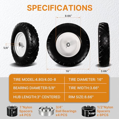 16" 4.80/4.00-8 Flat Free Wheelbarrow Tire & Wheel, 2-Pack