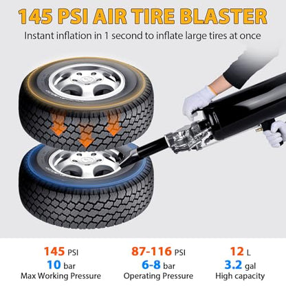 3.2Gal/12L Tire Bead Seater, 145 PSI Portable Tire Inflator, Handheld Trigger Seating Inflator for Tractor, Truck, ATV, Car & Auto Repair, Black