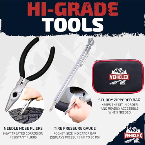 Vehiclex Tire Repair Kit for Plug and Patch with Aluminum Handled Tools - Emergency Kit with Pliers in Zippered Bag for Car, Motorcycle, ATV, Tractor, Lawn Mower (Pack of 2) - size: Compact + pliers (Pack of 2)