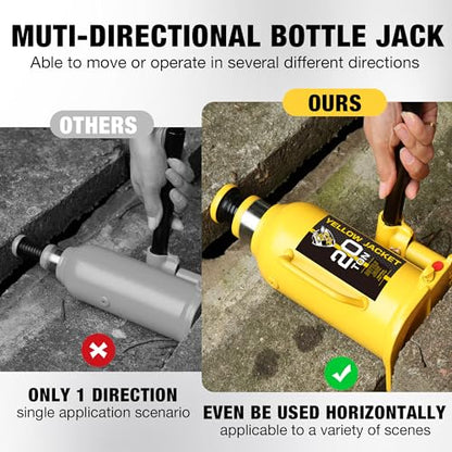 YELLOW JACKET 20 Ton Muti-Directional Welded Bottle Jack (40,000lb), Horizontal Bottle Jacks Use for Car, Pickup, Truck, RV, Auto Repair, Hydraulic Bottle Jack, Yellow - size: 20 ton muti-directional