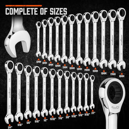 HORUSDY 24-Piece Ratcheting Wrench Set | Metric and SAE | Ratchet Combination Wrenches Set with Organizer | 72-Tooth | Chrome Vanadium Steel | 6-18 mm & 1/4” to 3/4“ (24-Piece) - style: 24-Piece