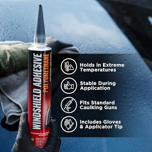 [2 Pack] Polyurethane Windshield Adhesive - Quick Curing & Weather Resistant Auto Glass Adhesive, Vertical & Overhead Application, Windshield Repair Kit with Gloves, Applicator Tip & Cartridge - 310ml