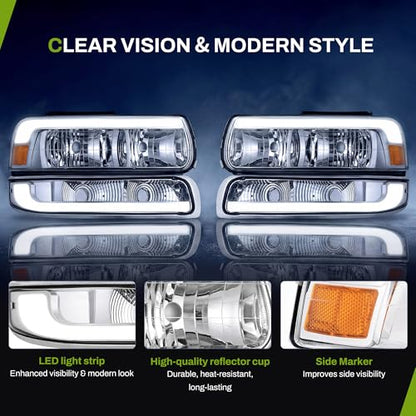 AUTOSAVER88 LED DRL Headlights Compatible with 1999-2002 Silverado Chrome - color: Amber Clear