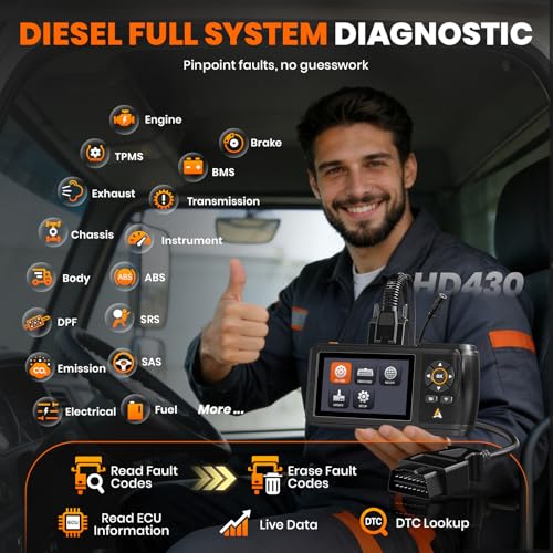 ANCEL HD430 Heavy Duty Truck Scanner, DPF Reset & Forced Regeneration for Cummins & Caterpillar Engine, Full System HDOBD Diesel Scanner OBD2 Diagnostic Scan Tool Code Reader for Diesel Trucks & Cars