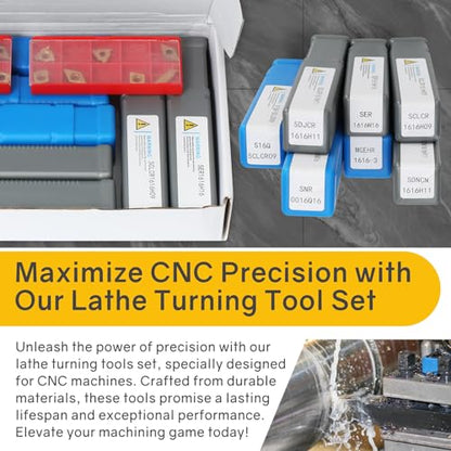 Indexable Lathe Turning Tool 21Pcs Kit 5/8'' 16mm Shank 7 Pcs Metal Lathe Tool Holder Set with 14 Pcs Turning Inserts for Turning Grooving Threading Boring Carbide Inserts Carbide Turning Tool - style: 7pcs 5/8'' 16mm Shanks+14pcs Inserts