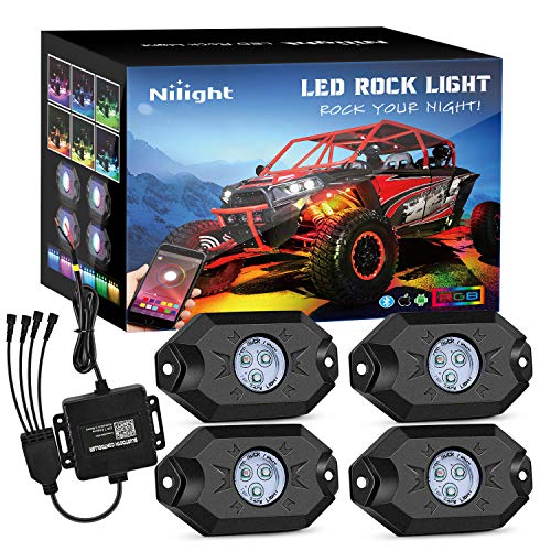 Nilight RGB LED Rock Lights Kit, 4 pods Underglow Multicolor Neon Light Pod with Bluetooth App Control Flashing Music Mode Wheel Well Light for Truck ATV UTV RZR SUV - color: RGB 3LED, size: 4 Pods