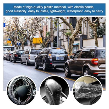 ICWEIMEI 300Pcs Disposable Car Protective Covers Include 100Pcs Disposable Steering Wheel Covers 100Pcs Disposable Gear Shift Covers 100Pcs Disposable Handbrake Covers for Car Protection
