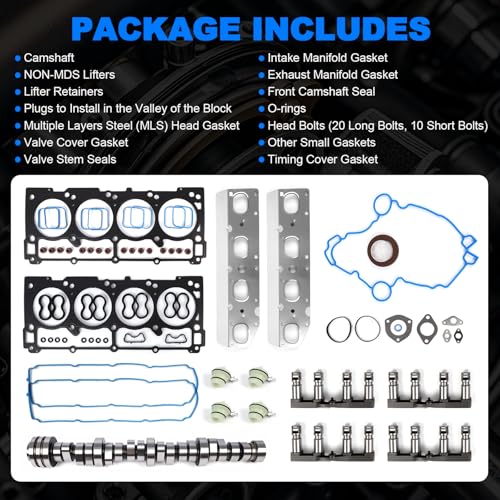 NON MDS Lifter and Camshaft Kit w/Head Gaskets & Bolts Compatible with 2009-2015 Dodge Ram 1500 Durango 5.7L Hemi V8 53022263AF 53021720AB - color: NON MDS Kit