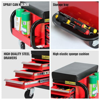 Tool Box Built-in Creeper Seat, Garage Shop Roller Seat, 3 Drawers Heavy Duty Tool Chest with 4 Rolling Casters-350 Lbs Capacity