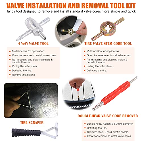 70Pcs Tire Repair Kit - Patch, Scraper, Valve Stem Removal Tools, Cores, Caps & Patches for Punctures