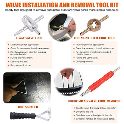70Pcs Tire Repair Kit - Patch, Scraper, Valve Stem Removal Tools, Cores, Caps & Patches for Punctures