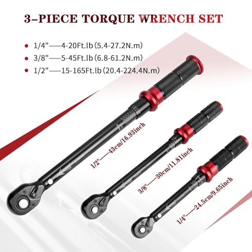 AEROFORCE 1/4 & 3/8 & 1/2-inch Drive Click Torque Wrench, 3Pcs Torque Wrench Set 4-20Ft.lb, 5-45Ft.lb, 15-165Ft.lb 72-Tooth Dual Scale for Bike, Moto, Car Repair - size: 1/4" & 3/8" & 1/2" (3-Piece)