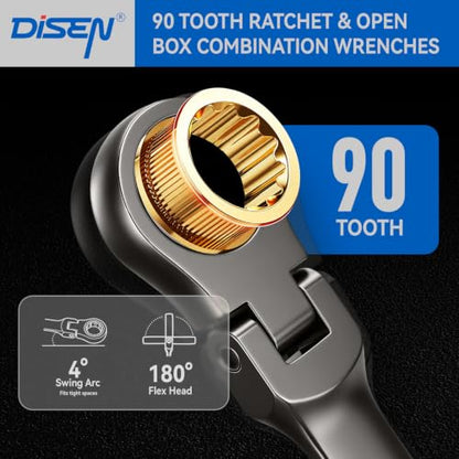 DISEN Ratcheting Wrenches Set 90 Tooth Flex-Head with Nickel Plating 24 Pcs - size: 24 MM&IN