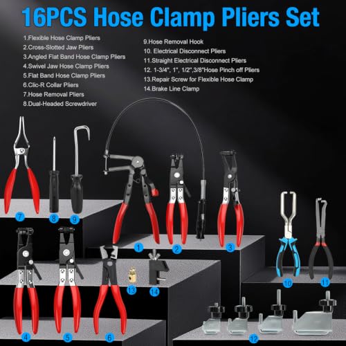 BETOOLL 16PCS Hose Clamp Pliers Set, Automotive Hose Clamp Removal Tool, Long Reach Flexible Wire Tools for Radiator, Heater, Coolant & Water Hoses - color: Blue, size: 16pcs