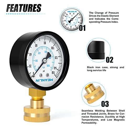 MEANLIN MEASURE 0-150psi Water Pressure Gauge,3/4" Female 2.5" FACE DIAL Water Pressure Test Gauge with Sealing Ring, Water Pressure Gauge for Home - color: Black, size: 0-150Psi