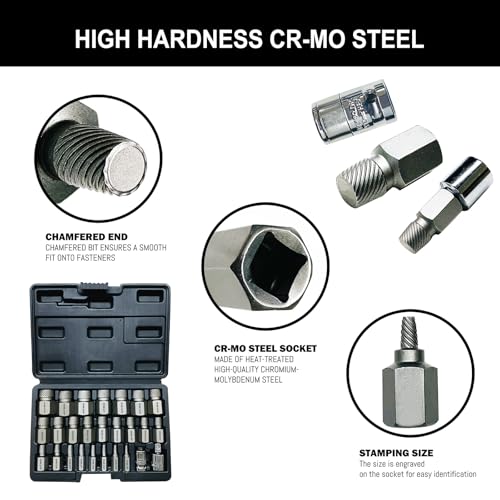 26PCS CR-MO Screw Extractor Set,Hex-Head Multi-Spline Screw Easy-out Screw Extraction Set 3/8" Inch Drive Hex-Head, Broken Bolt Remover, Stripped Fastener Tool for Stripped, Rounded, Damaged - color: 26pcs-screw Extractor
