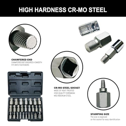 26PCS CR-MO Screw Extractor Set,Hex-Head Multi-Spline Screw Easy-out Screw Extraction Set 3/8" Inch Drive Hex-Head, Broken Bolt Remover, Stripped Fastener Tool for Stripped, Rounded, Damaged - color: 26pcs-screw Extractor