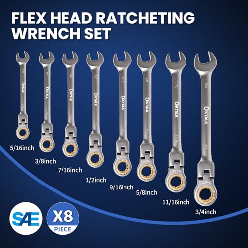 8PCS Flex Head Ratcheting Wrench Set, SAE 1/4"-3/4", 72-Tooth CR-V Steel with Rolling Pouch for Automotive Repair & Mechanics - size: SAE