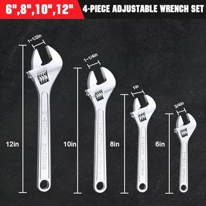 Adjustable Wrench Set, 4pc Wrenches Set with SAE and Metric Scales, Heat-Treated Carbon Steel with Chrome Plated, Wide Jaw Wrenches for Home, Plumbing, Garage (6, 8, 10, 12 Inch) - size: 6-inch, 8-inch, 10-inch, 12-inch