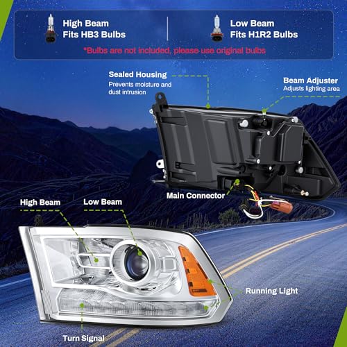 AUTOSAVER88 LED DRL Headlight Compatible with 2009-2018 Dodge Ram 1500 - color: Clear Lens Chrome Housing Amber Reflector