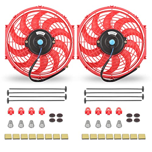12 Inch Universal Slim Fan Push Pull Electric Radiator 12V 80W High Performance Cooling Fan Mount Kit Red 2 Pcs - color: Red, size: 12 Inch-2 Pieces