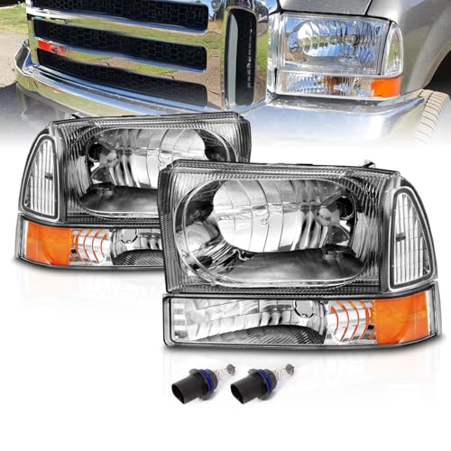 AmeriLite OE Chrome Replacement Headlights 4pcs Set w/Socket Bulb for 1999-04 Ford Excursion/Super Duty F250 F350 F450 F550 Truck - Passenger and Driver Side - color: Chrome