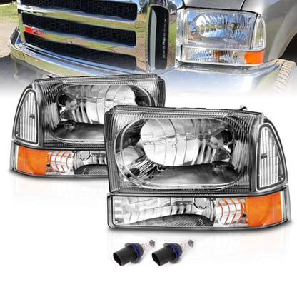 AmeriLite OE Chrome Replacement Headlights 4pcs Set w/Socket Bulb for 1999-04 Ford Excursion/Super Duty F250 F350 F450 F550 Truck - Passenger and Driver Side - color: Chrome