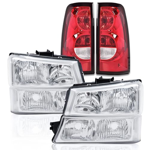 G-PLUS Headlights Assembly & Tail Lights Fit Chevy Silverado 1500 1500 HD 2500 2500 HD 2003-2006, Clear Lens Chrome Housing Clear Reflector Headlamps Assembly Red Taillights - color: Clear Lens Chrome Housing Clear Reflector & Red, size: Basic