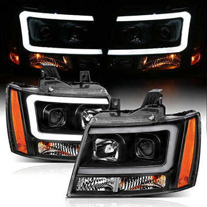 AmeriLite for 2007-2013 Chevy Avalanche Suburban Tahoe Super Bright LED Bar Projector Halogen Black Headlights Pair - Passenger and Driver Side - color: Black LED Bar