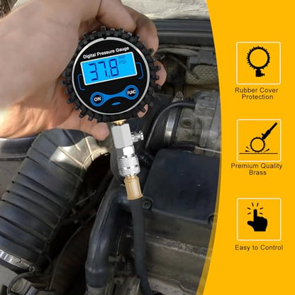 BETOOLL 8pcs Compression Tester Automotive - Digital Compression Gauge 0-300PSI for Petrol Engine Cylinder Compression Test Tool Kit with Adapters & Hose - color: Red