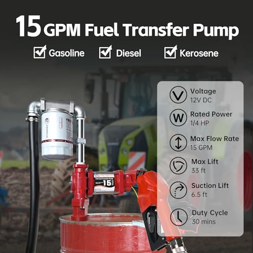 FMCNMech 12V Fuel Transfer Pump Kit, 15 GPM with Auto Shut-Off Nozzle - color: 15 GPM Gas & Diesel Pump