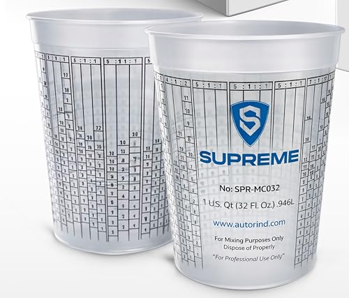 32 oz (1 Quart) Graduated Plastic Mixing Cups – Heavy-Duty Solvent Resistant Measuring Cups with Ratio Markings for Paint, Epoxy, Resin, Automotive & DIY Projects (10)