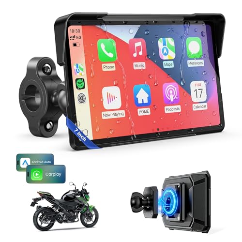 WonVon 7 Inch Wireless Motorcycle Carplay GPS Navigation System with Apple Carplay and Android Auto Portable Screen with Dual Bluetooth, Navigation, Siri, Google Assistant with Magnetic Mount - size: 7 Inch+Magnetic Mount