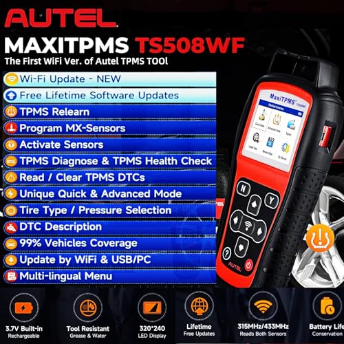 Autel MaxiTPMS TS508WF TPMS Relearn Tool, Upgrade of TS508 / TS408 TPMS Tool, Activate/Relearn All Sensors, Program Autel Sensors, TPMS Reset/Diagnosis, Read/Clear TPMS Code, Free Lifetime Update